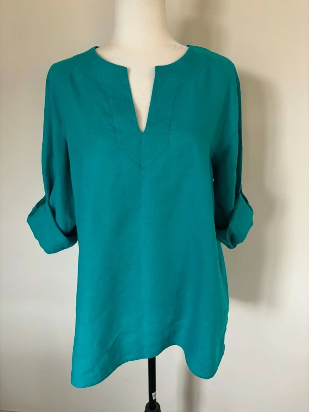 LAUREN RALPH LAUREN 100% Linen Blouse Women's XL Turquoise Blue Roll Tab Sleeve